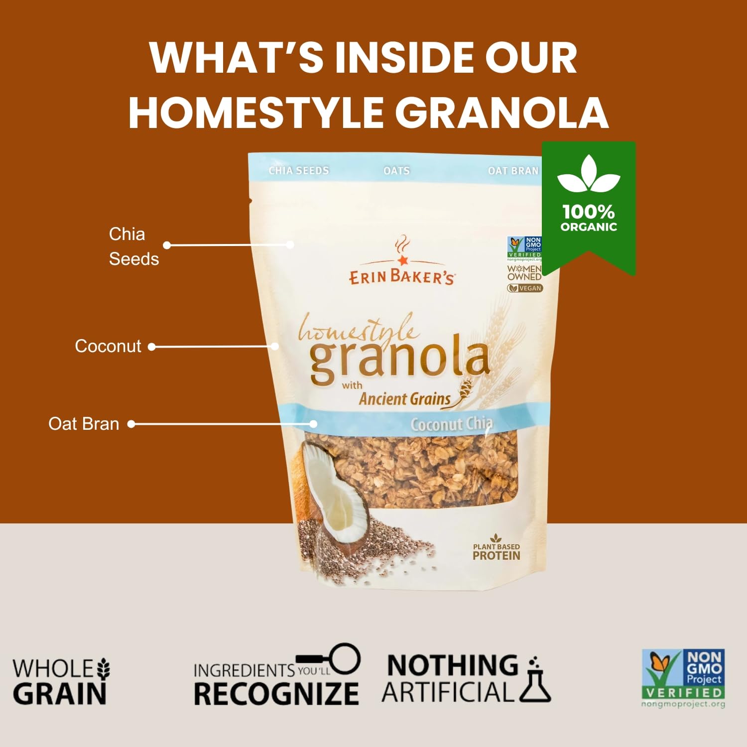 Erin Baker’s Homestyle Coconut Chia Granola with Ancient Grains - Made from Natural Ingredients, Crunchy Texture, Versatile Snack or Cereal - Vegan