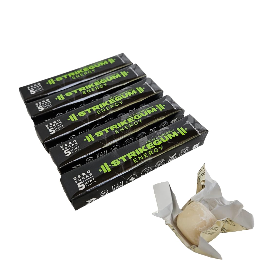 Strike Gum 5 packs of 5 Pieces |90mg natural caffeine|100mg alpha gpc| Sugar Free| Vegan | Made in the USA | Premium Energy Gum