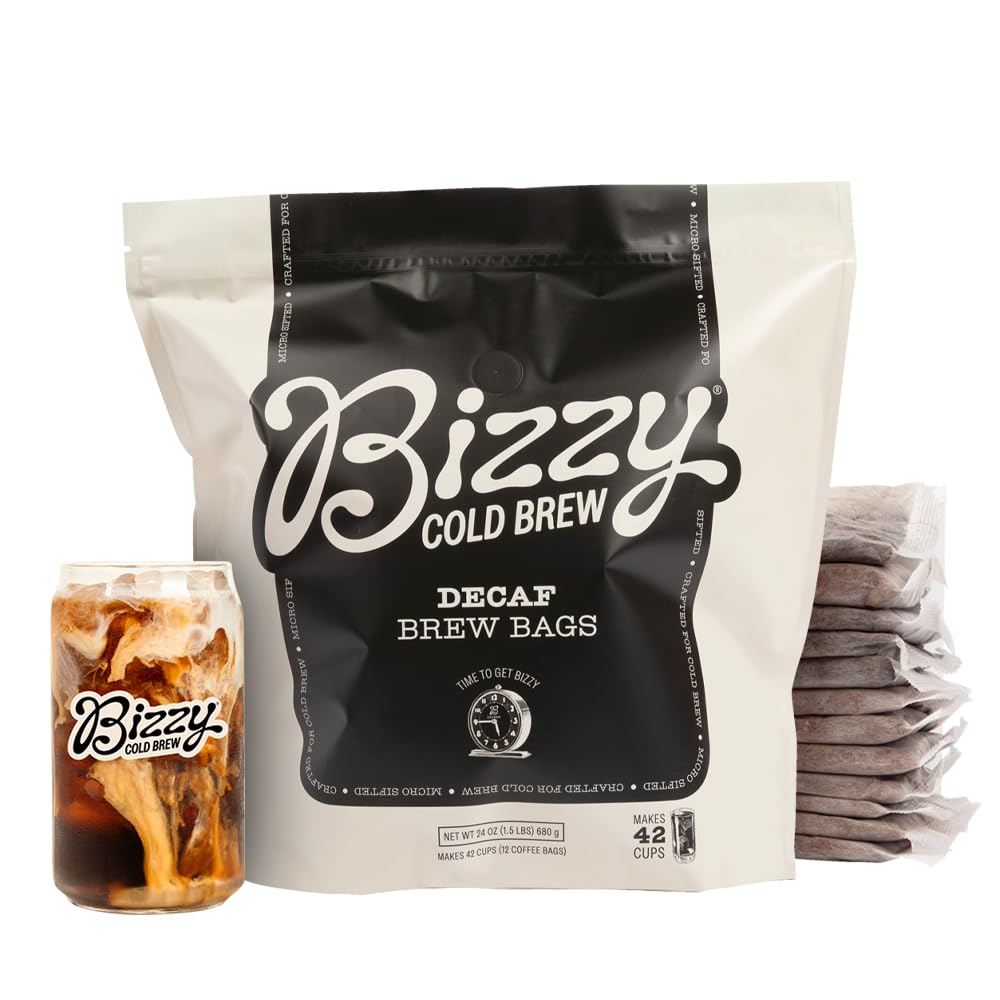 Bizzy Cold Brew Coffee | Decaf Blend | Water Process | Coarse Ground Coffee | Micro Sifted | Specialty Grade | 100% Arabica | Brew Bags | 12 Count |