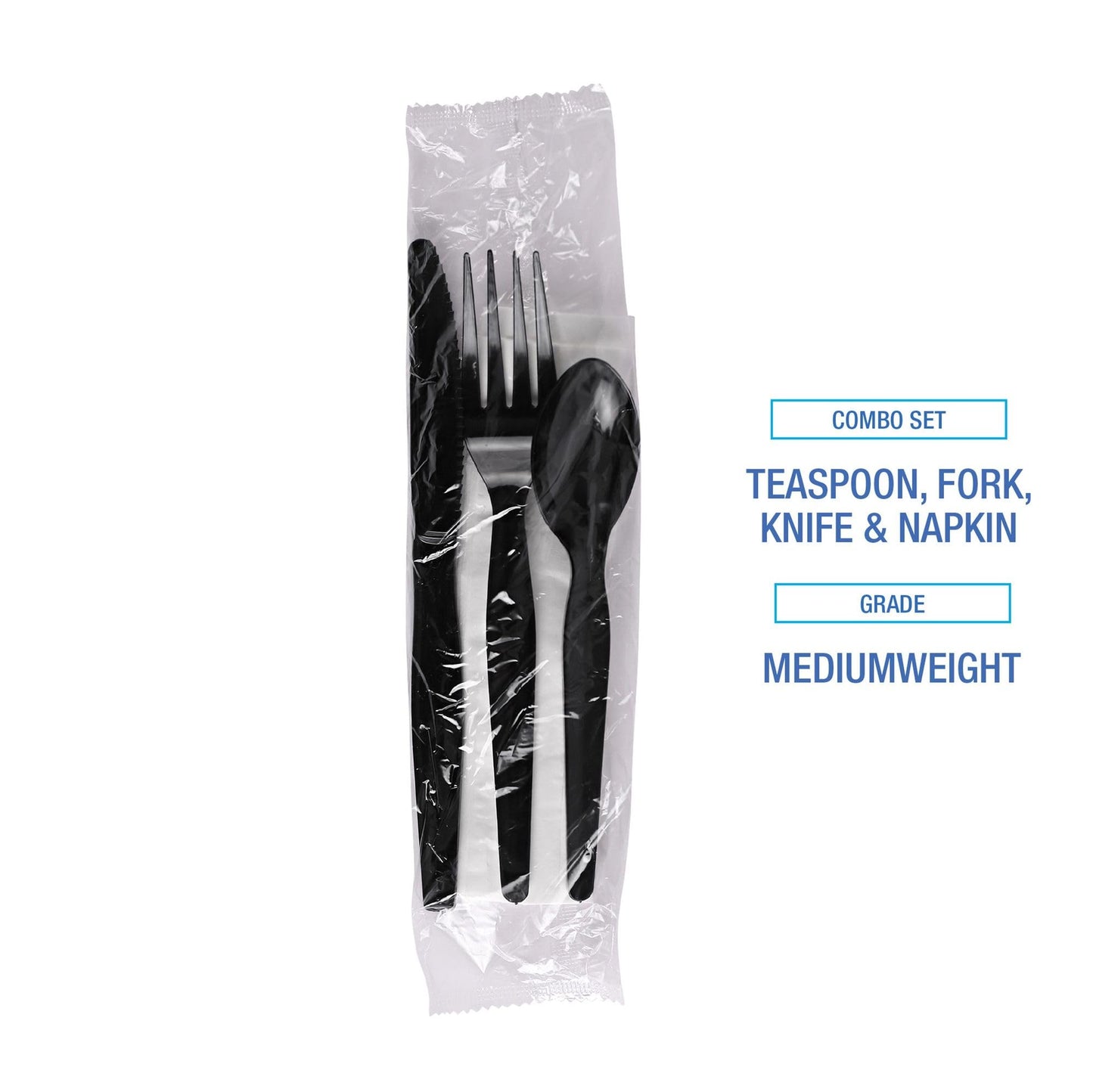 Boardwalk Four-Piece Cutlery Kit, Fork/Knife/Napkin/Teaspoon, Black, 250/Carton