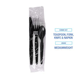 Boardwalk Four-Piece Cutlery Kit, Fork/Knife/Napkin/Teaspoon, Black, 250/Carton