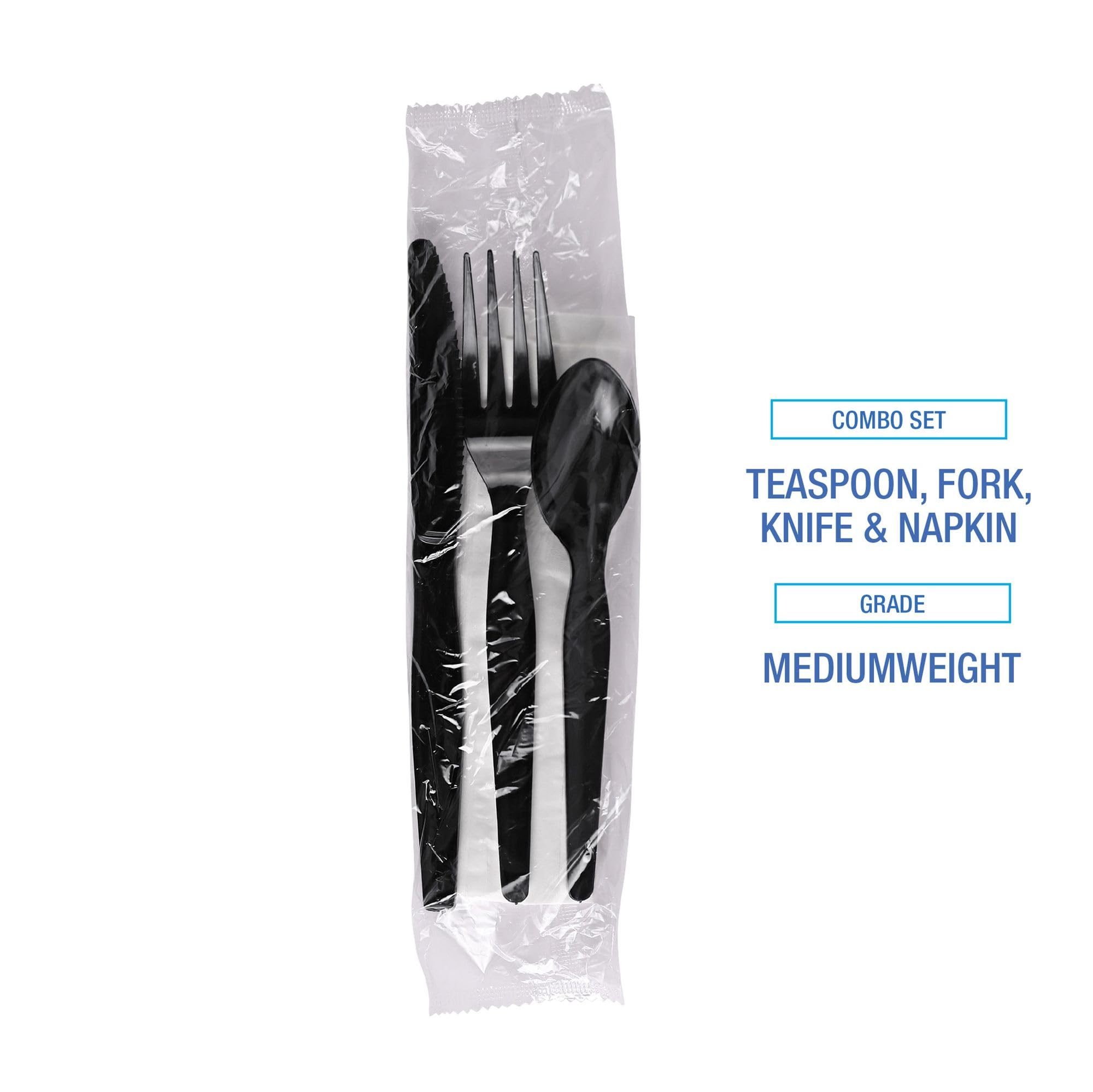 Boardwalk Four-Piece Cutlery Kit, Fork/Knife/Napkin/Teaspoon, Black, 250/Carton