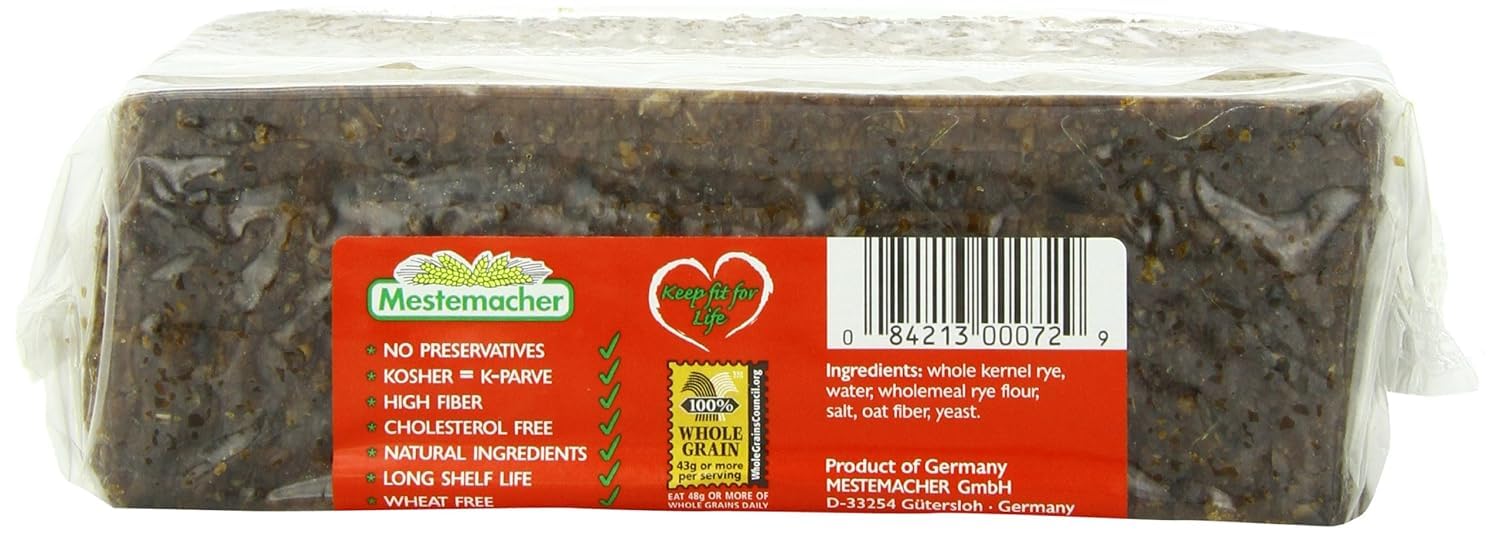 Mestemacher All Natural Whole Rye Bread, 17.6 Oz - Authentic German Whole Grain Rye Bread, High Fiber, Non-GMO, Ready to Eat, Long Shelf Life (Pack