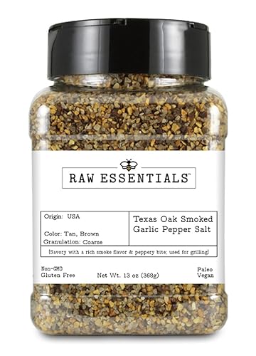 Raw Essentials Texas Pit Oak Smoked Garlic Pepper Salt - Steak and Chop Seasoning - Great on Beef, Chicken, Pork and Vegetables - Vegan, Paleo
