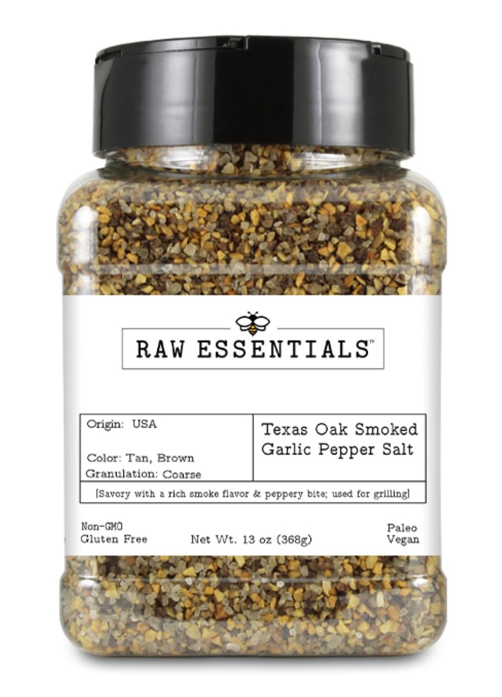 Raw Essentials Texas Pit Oak Smoked Garlic Pepper Salt - Steak and Chop Seasoning - Great on Beef, Chicken, Pork and Vegetables - Vegan, Paleo