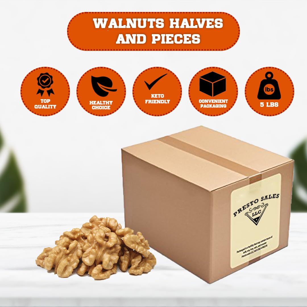 Walnuts, "FRESH N' TASTY" Halves and Pieces Raw, Low-Carb, High-Protein, shelled Fresh, Healthy snack, Gluten free, Dietetic, Vegan, Packed in a 5