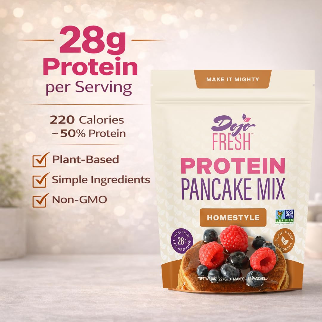 Dojo Fresh Homestyle Protein Pancake Mix, Plant-Based & Vegan, 28g Protein per Serving, Non-GMO, Just Add Water, High-Protein Pancakes, Waffles & Baking Mix (8 oz)