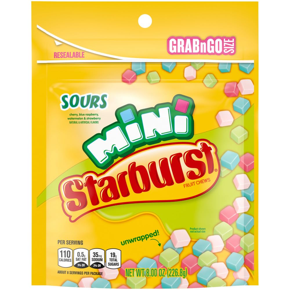 STARBURST Sours Minis Fruit Chews Candy, 8-Ounce Grab N Go Size Resealable Bag