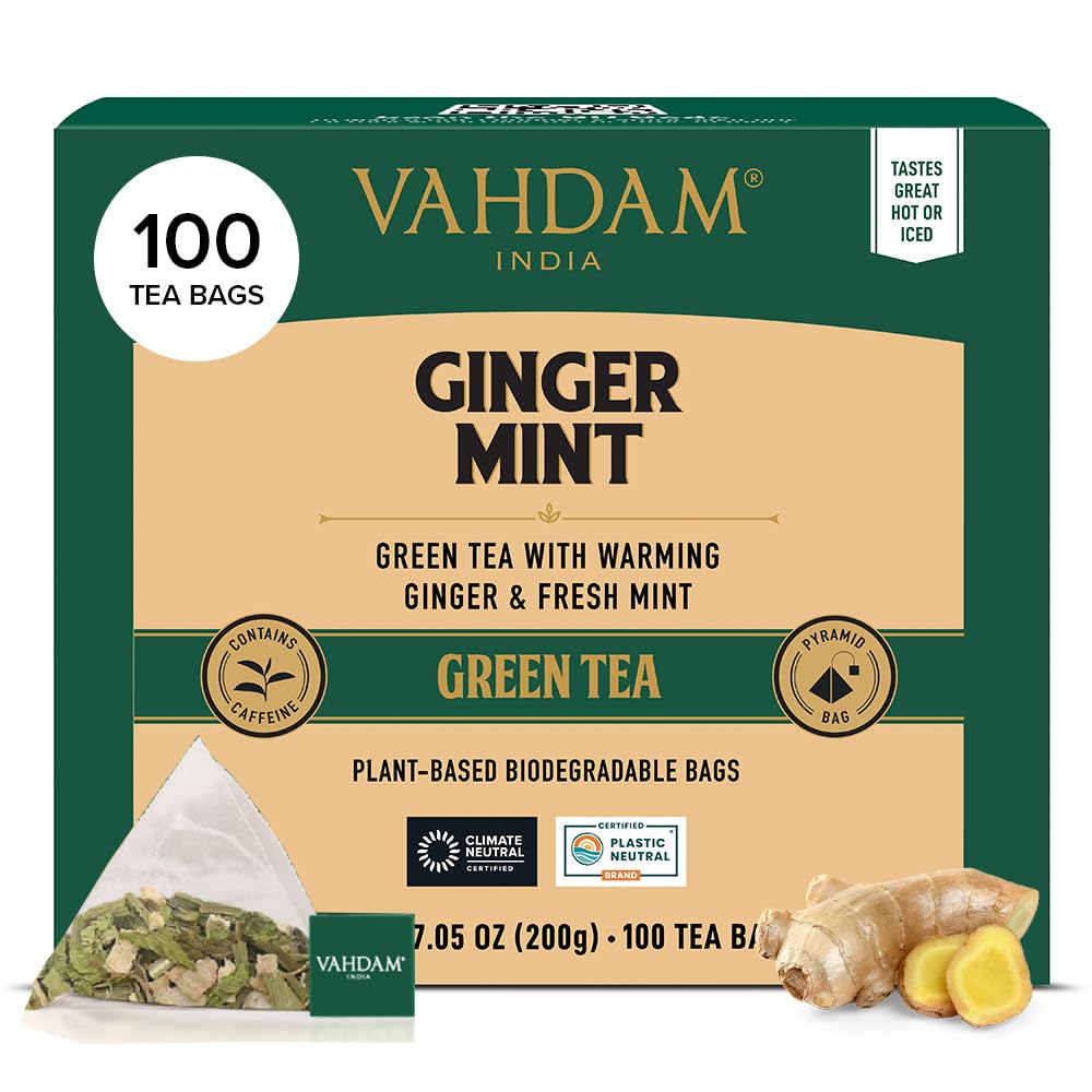 VAHDAM, Ginger Mint Green Tea Bags (100 Count) High Grown Green Tea with Raw Ginger | Medium Caffeine | Non GMO, Gluten Free | Mint Tea Bags |