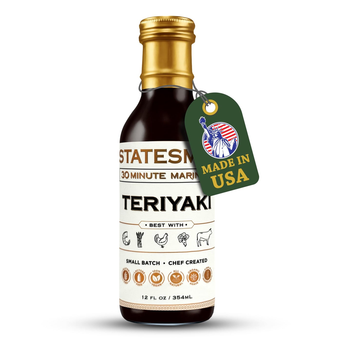 Statesmen Teriyaki 30 Minute Marinade, 12 oz - Gluten-Free, Vegan, Lactose-Free Japanese-Style Marinade for Chicken, Shrimp, Beef & Vegetables