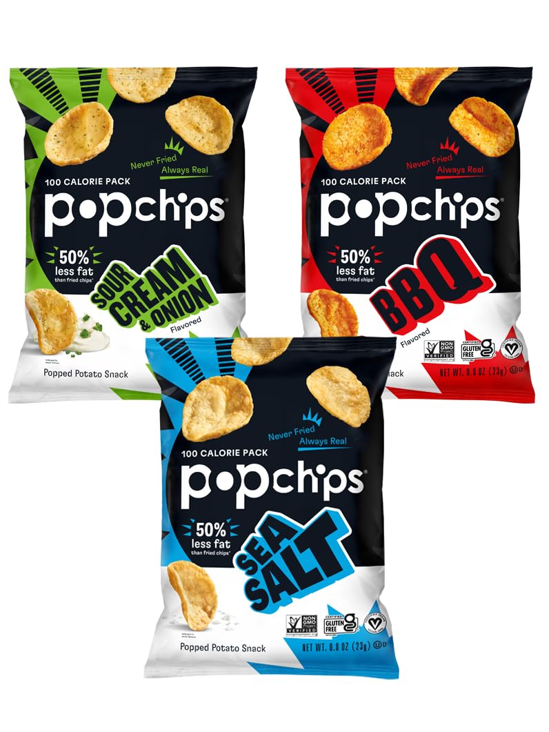 Popchips Potato Chips Variety Pack, Sea Salt, BBQ, Sour Cream & Onion, 12ct Single Serve 0.8oz Bags, Gluten Free, Salty Snacks for Adults
