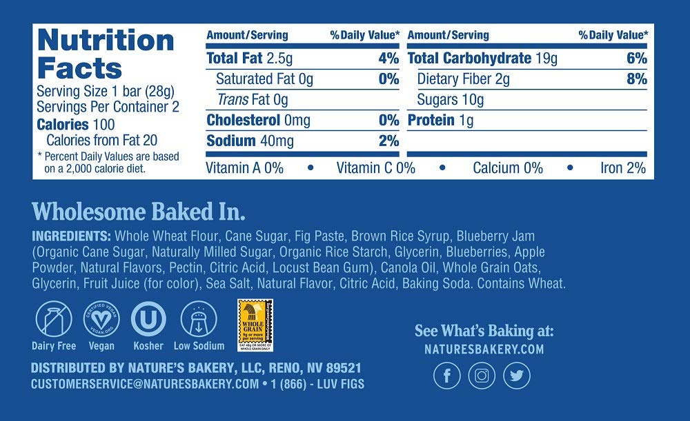 Nature's Bakery Whole Wheat Fig Bars, Blueberry, 1- 12 Count Box of 2 oz Twin Packs (12 Packs), Vegan Snacks, Non-GMO
