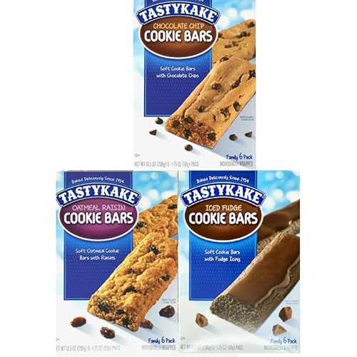 Tastykake Chocolate Chip Cookie Bars, Oatmeal Raisin Cookie Bars, Iced Fudge Cookie Bars, Family 6 Packs, Individually Wrapped - 1 Box of Each