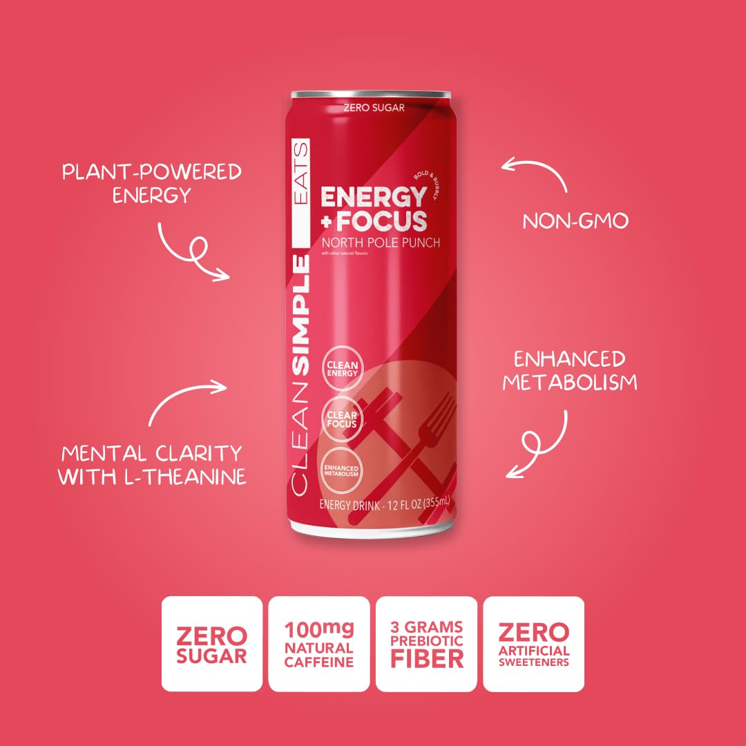Clean Simple Eats Energy + Focus Drink, Energy Drink With 100 Mg Organic Caffeine, L Theanine, B Vitamins & Prebiotic Fiber, Naturally Sweetened, Zero
