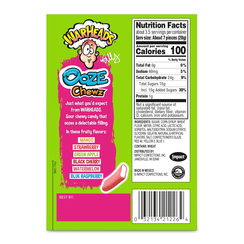 WARHEADS Ooze Chewz - Chewy Bite-Size Candy with Sour Filling - Mango, Strawberry, Green Apple, Black Cherry, Watermelon & Blue Raspberry Flavors