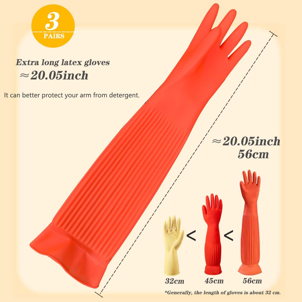 Vsootal 3 Pairs Household Extra Long Kitchen Gloves for Washing Dishes?20.05inches Rubber Cleaning Gloves?Reusable Latex Living Wash Gloves?Long