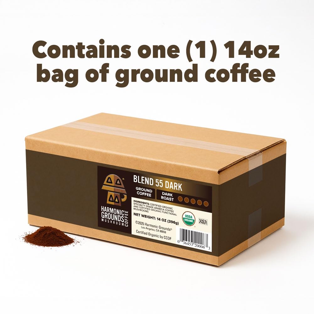 Harmonic Grounds Dark Roast Mushroom Coffee | Organic Ground Coffee with Functional Mushrooms | Lion’s Mane, Reishi, Chaga, Cordyceps, Turkey Tail |