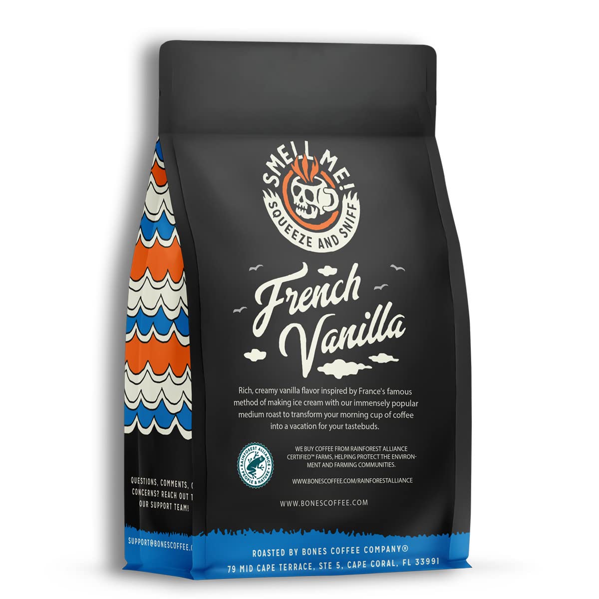 Bones Coffee Company French Vanilla, Creamy Vanilla Flavored Coffee, Medium Roast Low Acid Arabica Beans Compatible with Auto drip and French Press