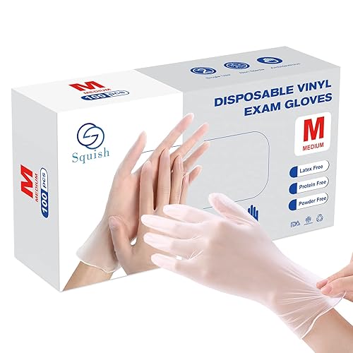 squish Disposable Gloves, 100 Count 4 mil Clear Vinyl Gloves Latex Free Powder-Free Health Glove Cleaning Rubber Glove for Kitchen Cooking Cleaning