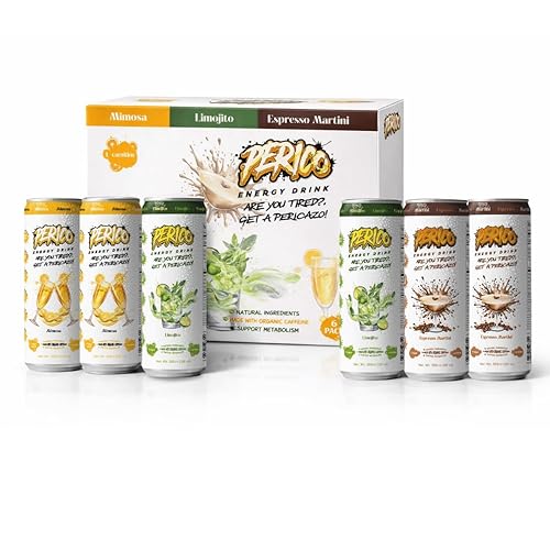 Perico Energy Drink Variety 6-Pack - Sugar Free Amino Drink with Stevia + Monk Fruit No Sucralose - Espresso Martini, Mimosa, Limojito Flavors include