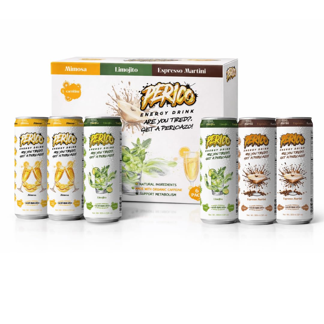 Perico Energy Drink Variety 6-Pack - Sugar Free Amino Drink with Stevia + Monk Fruit No Sucralose - Espresso Martini, Mimosa, Limojito Flavors include