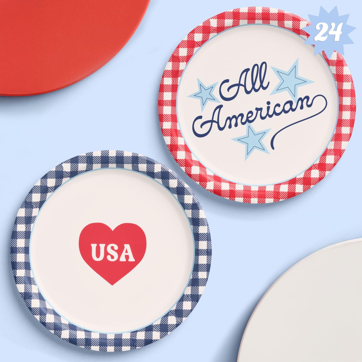 xo, Fetti All American USA Paper Plates | 24 pcs, 9" | 4th of July Tableware, Southern Bachelorette Decorations, Patriotic Dinner Party Setting