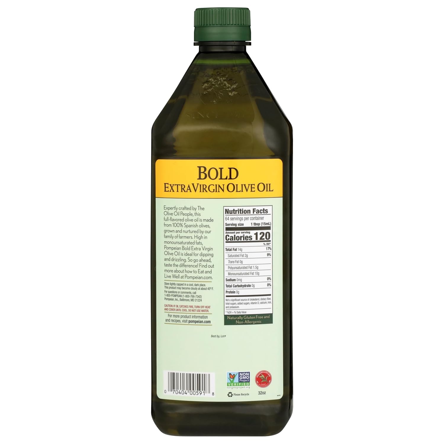 Pompeian Bold Spanish Extra Virgin Olive Oil - 32 fl oz - First Cold Pressed Olive Oil for Cooking - Single Origin - Bold Taste for Dipping and Drizzling