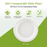ECOLipak 100% Compostable 10 Inch Heavy Duty Paper Plates, 150 Pack Disposable Biodegradable Eco-friendly Sugarcane Bagasse Plates for Dinner