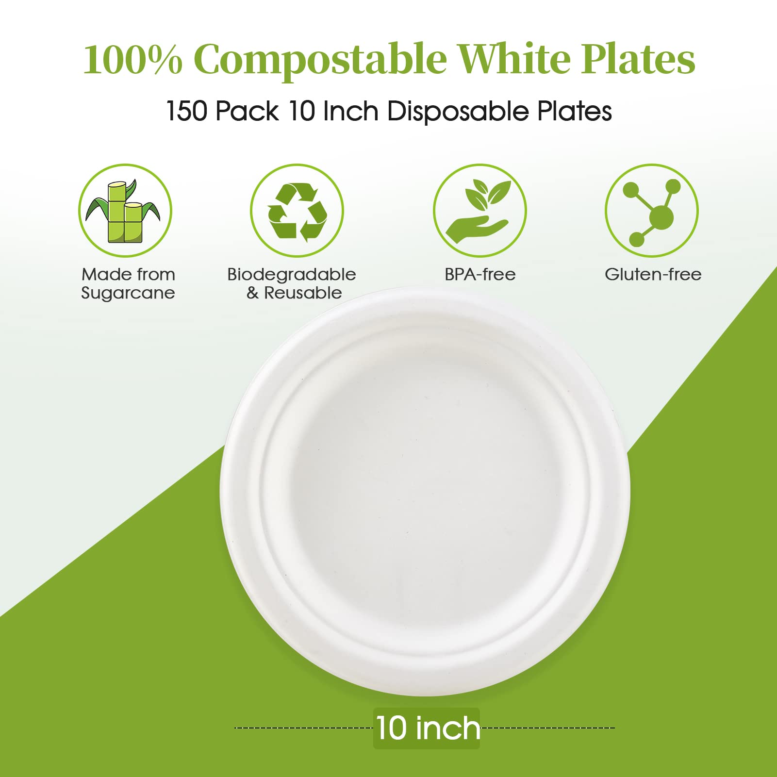 ECOLipak 100% Compostable 10 Inch Heavy Duty Paper Plates, 150 Pack Disposable Biodegradable Eco-friendly Sugarcane Bagasse Plates for Dinner