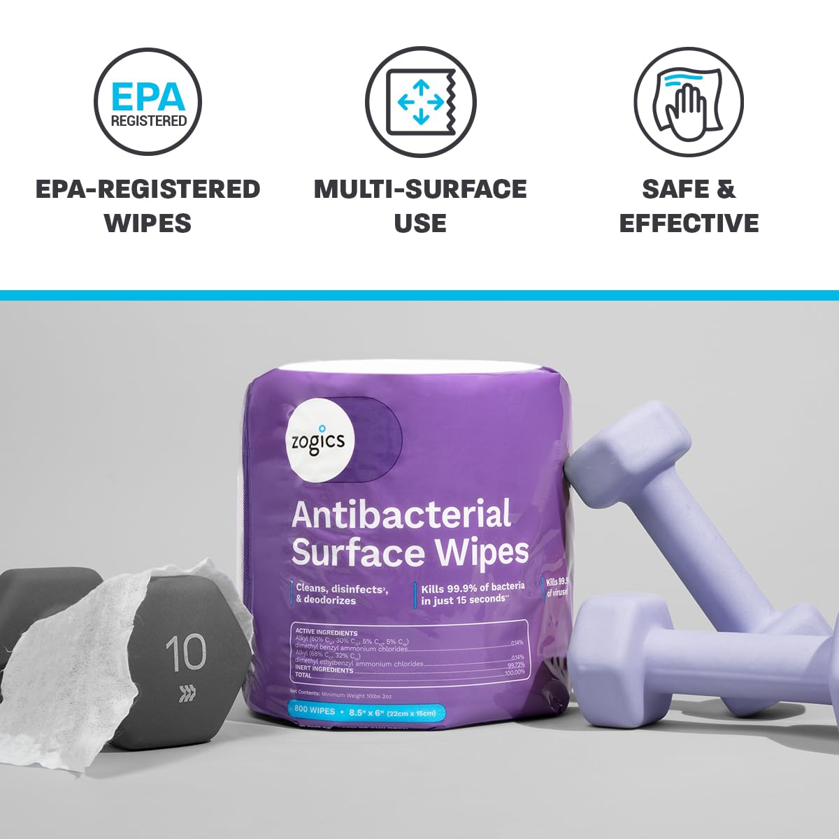 Zogics Antibacterial Wipes - Disinfecting Wipes for Sanitizing and Cleaning Surfaces and Equipment, EPA Registered Antibacterial Cleaning Wipes (3,200
