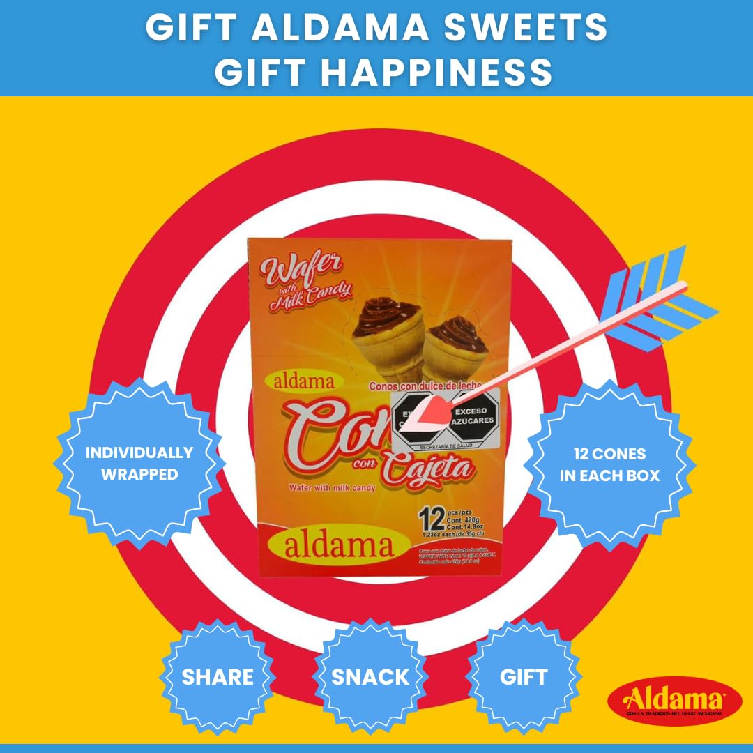 ALDAMA Wafer Milk Candy Cones, Crisp Wafer Shells Filled with Rich Mexican Cajeta Milk Filling (12 pieces)