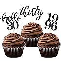24 Pcs Black Glitter 30th Birthday Cupcake Toppers for 30th Anniversary Birthday Party Wedding Party Decorations
