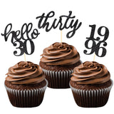 24 Pcs Black Glitter 30th Birthday Cupcake Toppers for 30th Anniversary Birthday Party Wedding Party Decorations