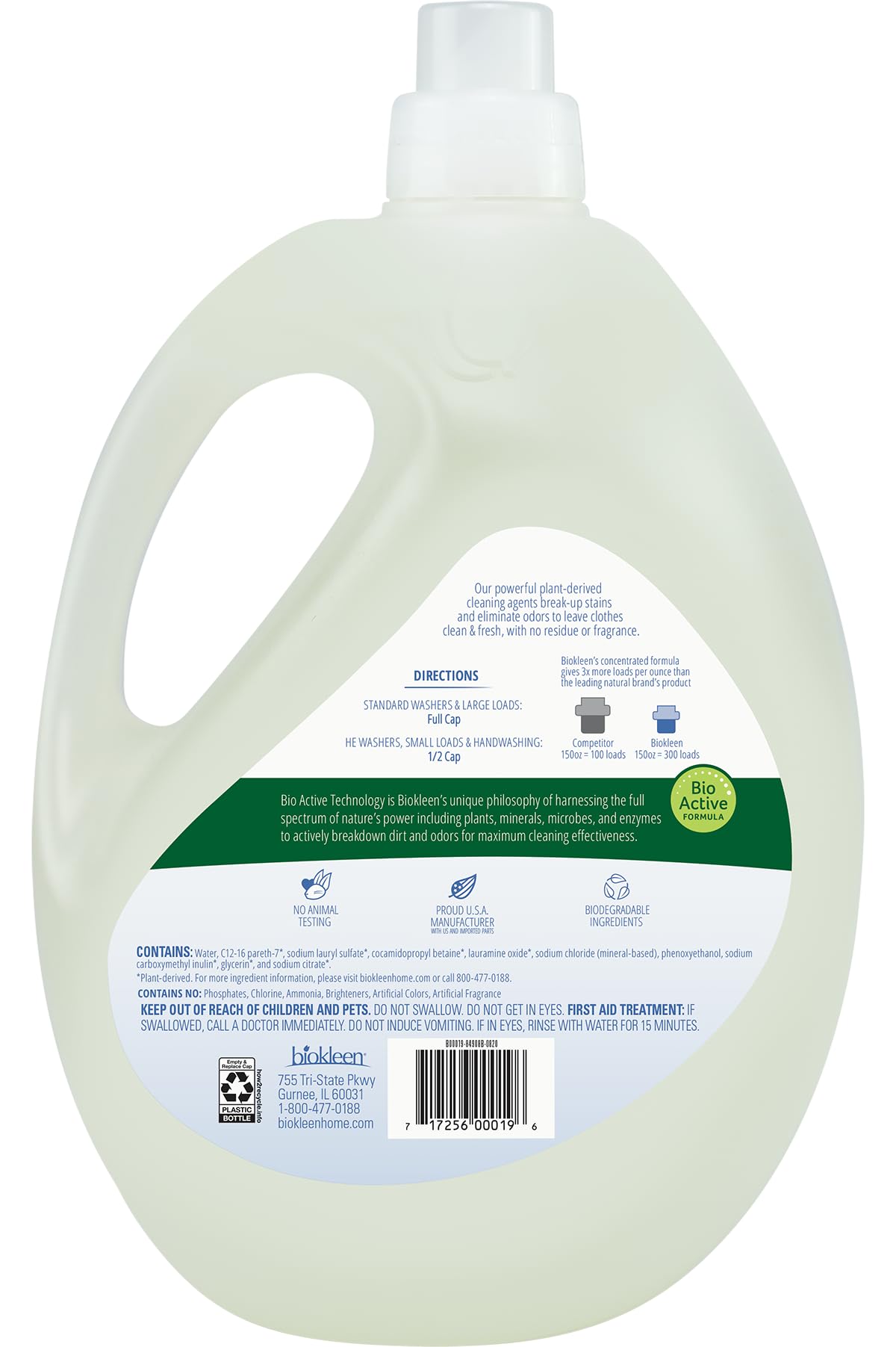 Biokleen Free & Clear Natural 3X Concentrated Liquid Laundry Detergent, 300 Loads, Plant-Based, Hypoallergenic, Removes Stains & Fights Odors, Dye