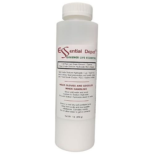 Essential Depot 1 lb Food Grade Sodium Hydroxide Lye Evenly-Sized Micro Pels (Beads or Particles) - 1 lb Bottle - Lye Drain Cleaner - HDPE Container