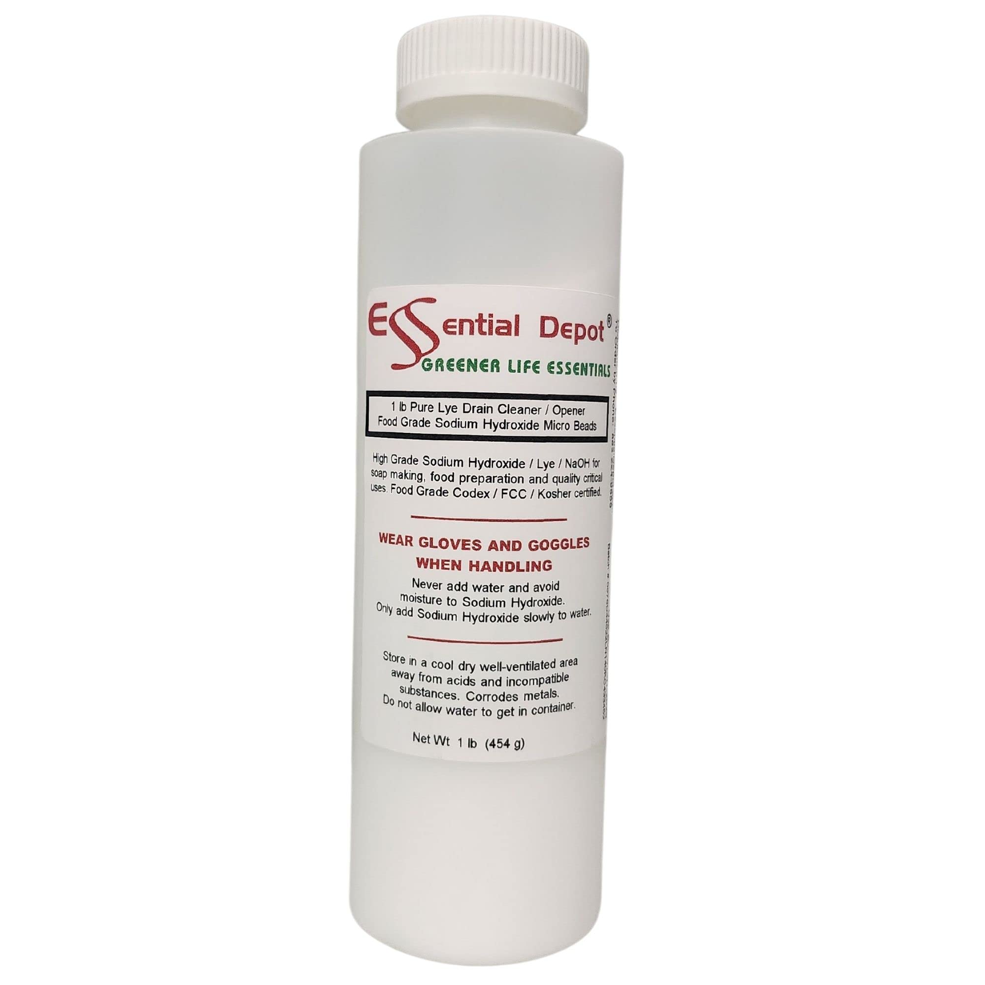 Essential Depot 1 lb Food Grade Sodium Hydroxide Lye Evenly-Sized Micro Pels (Beads or Particles) - 1 lb Bottle - Lye Drain Cleaner - HDPE Container