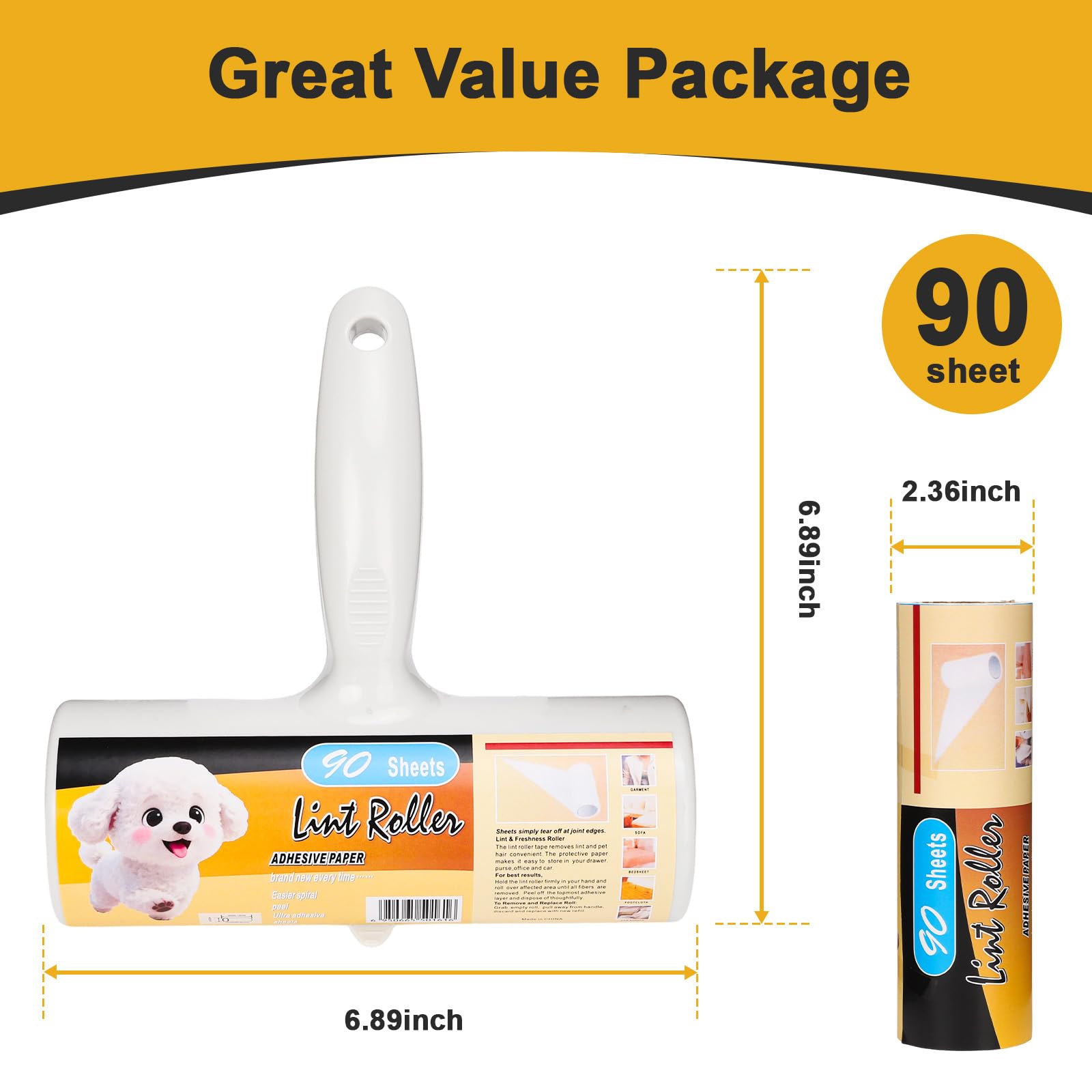YMPLKMTR Extra Sticky Lint Roller with 1 Upgraded Handles, 90 Sheets (1 Roll), Effectively Removes Pet Hair, Lint & Fur from Clothes, Couches