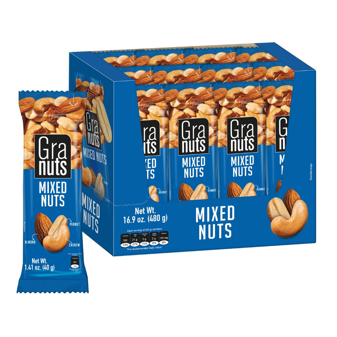 Granuts Mixed Nuts | Almonds, Peanuts & Cashews | Crunchy + Soft Textures | On-the-Go Snack | 1.41 Oz (12 Inner Packs)