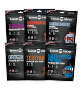 SAVAGE Bacon Jerky and Beef Jerky Variety - Salt & Pepper Patriot, Teriyaki, BBQ Bandit, Original, Bourbon Glaze, Sgt. Pepper (Pack of 6) - Gluten