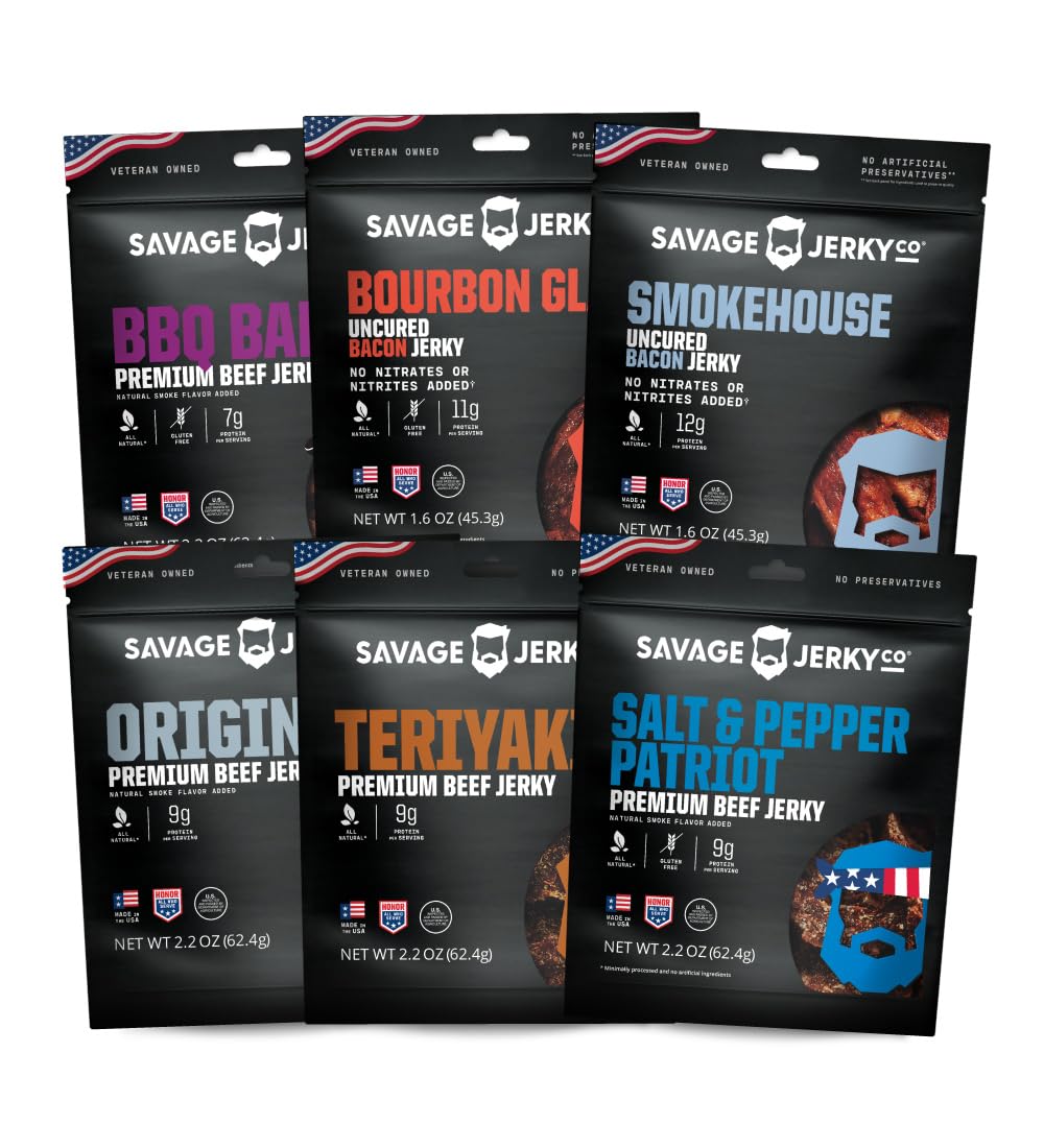SAVAGE Bacon Jerky and Beef Jerky Variety - Salt & Pepper Patriot, Teriyaki, BBQ Bandit, Original, Bourbon Glaze, Sgt. Pepper (Pack of 6) - Gluten