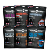 SAVAGE Bacon Jerky and Beef Jerky Variety - Salt & Pepper Patriot, Teriyaki, BBQ Bandit, Original, Bourbon Glaze, Sgt. Pepper (Pack of 6) - Gluten