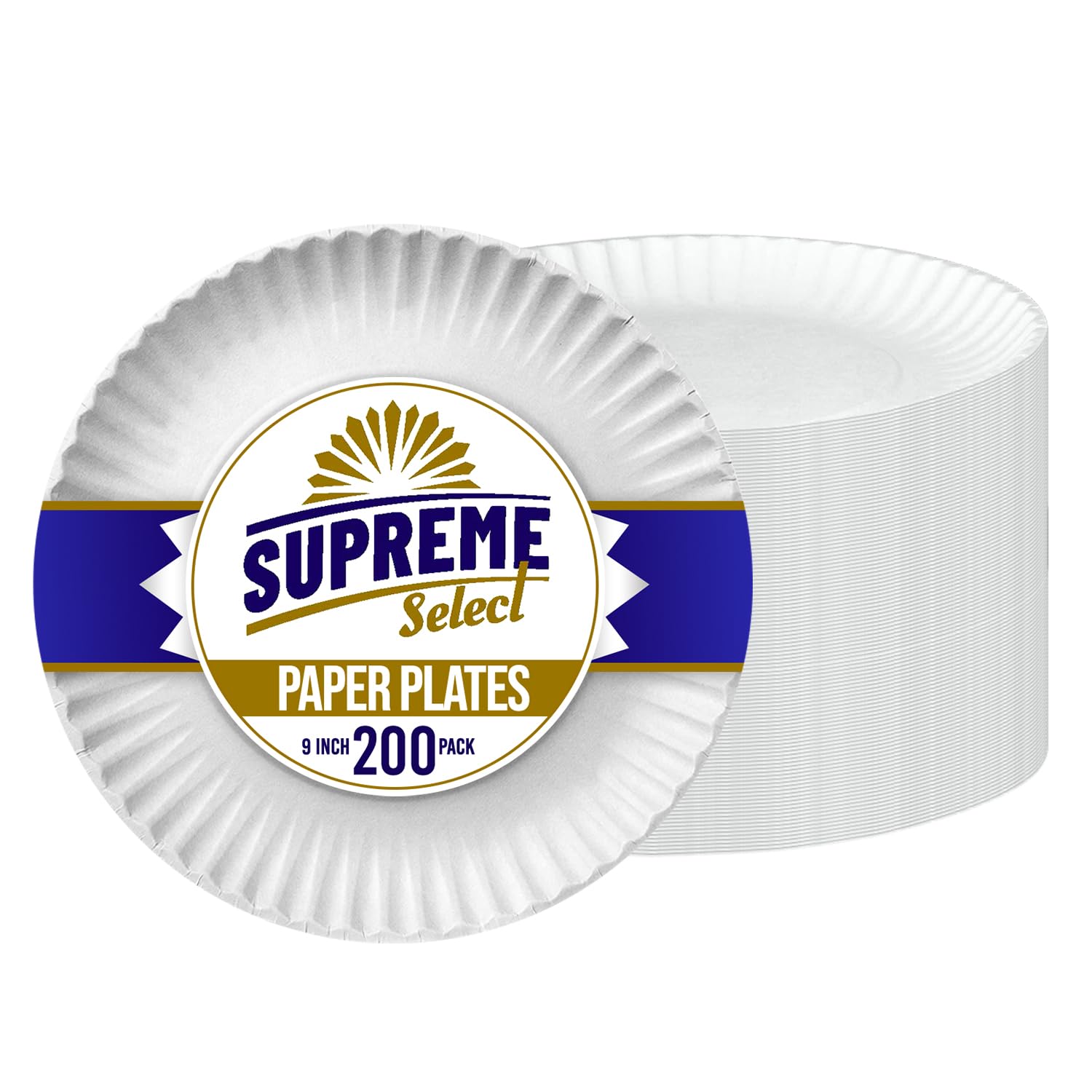 Supreme Select Disposable Paper Plates in Bulk [Set of 200 | 9 inch] Uncoated White Large Plate - Ideal for Birthday Parties, Weddings, Thanksgiving