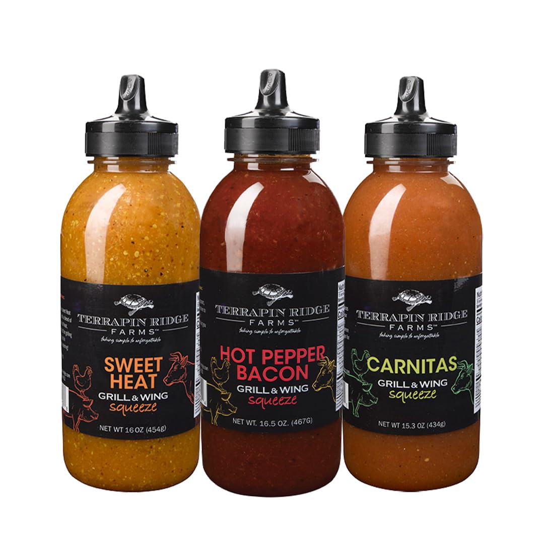 Terrapin Ridge Farms Grill Master Assortment - Sweet Heat, Hot Pepper Bacon, and Carnitas Grill & Wing Sauces - Gourmet BBQ Sauce Trio for Meats