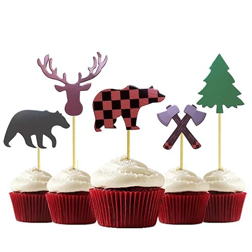 ALISSAR 30-Pack Lumberjack Cupcake Toppers, Buffalo Plaid Baby Bear Tree Cupcake Topper for Campfire Lumberjack Party Supplies Baby Shower Dcoration.