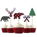 ALISSAR 30-Pack Lumberjack Cupcake Toppers, Buffalo Plaid Baby Bear Tree Cupcake Topper for Campfire Lumberjack Party Supplies Baby Shower Dcoration.