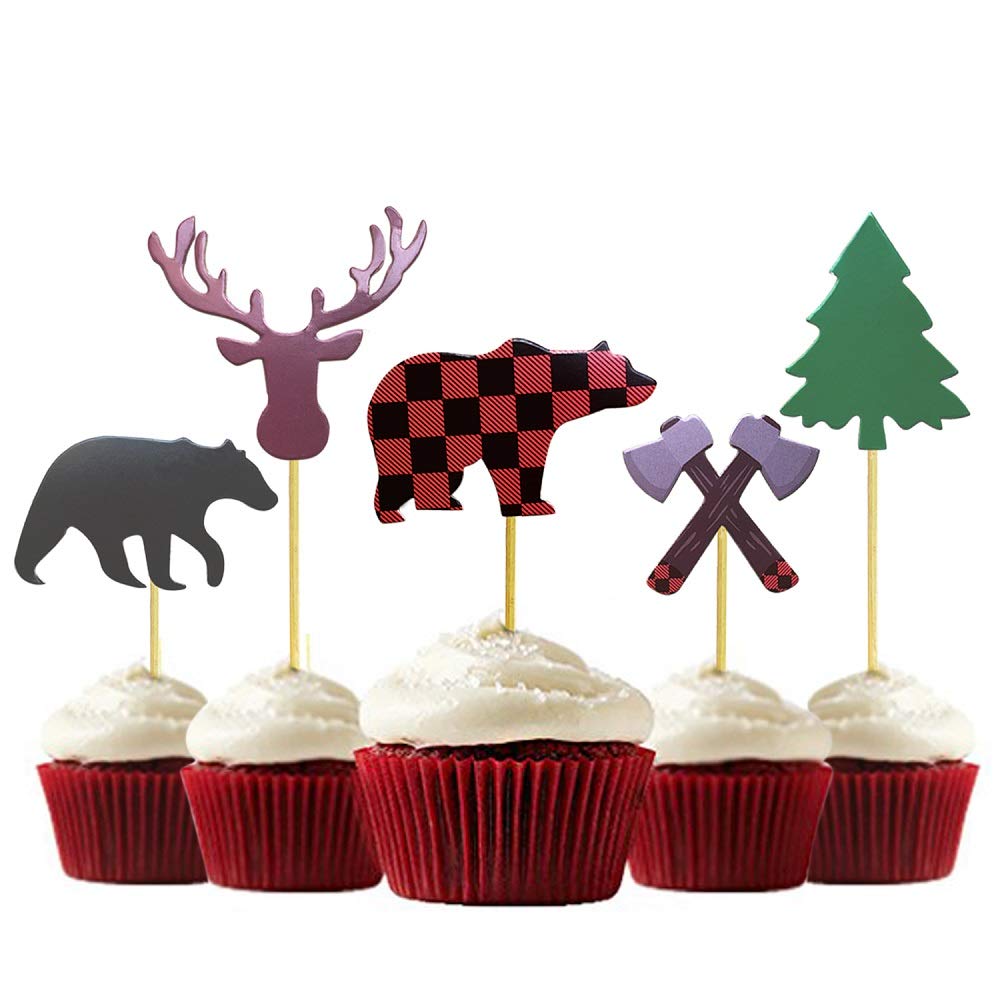 ALISSAR 30-Pack Lumberjack Cupcake Toppers, Buffalo Plaid Baby Bear Tree Cupcake Topper for Campfire Lumberjack Party Supplies Baby Shower Dcoration.