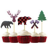 ALISSAR 30-Pack Lumberjack Cupcake Toppers, Buffalo Plaid Baby Bear Tree Cupcake Topper for Campfire Lumberjack Party Supplies Baby Shower Dcoration.