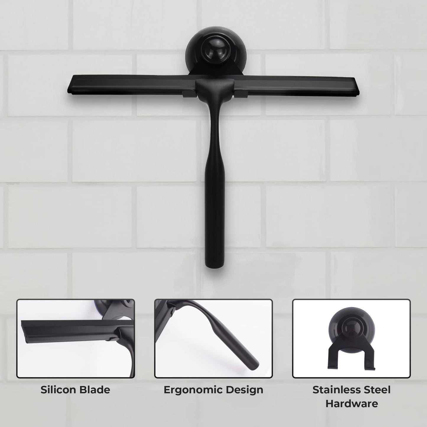 Matte Black Shower Squeegee for Glass Doors with Adhesive Hooks, Squeegee for Shower Glass, Cleaner Tool for Bathroom Household Window Mirror Tile