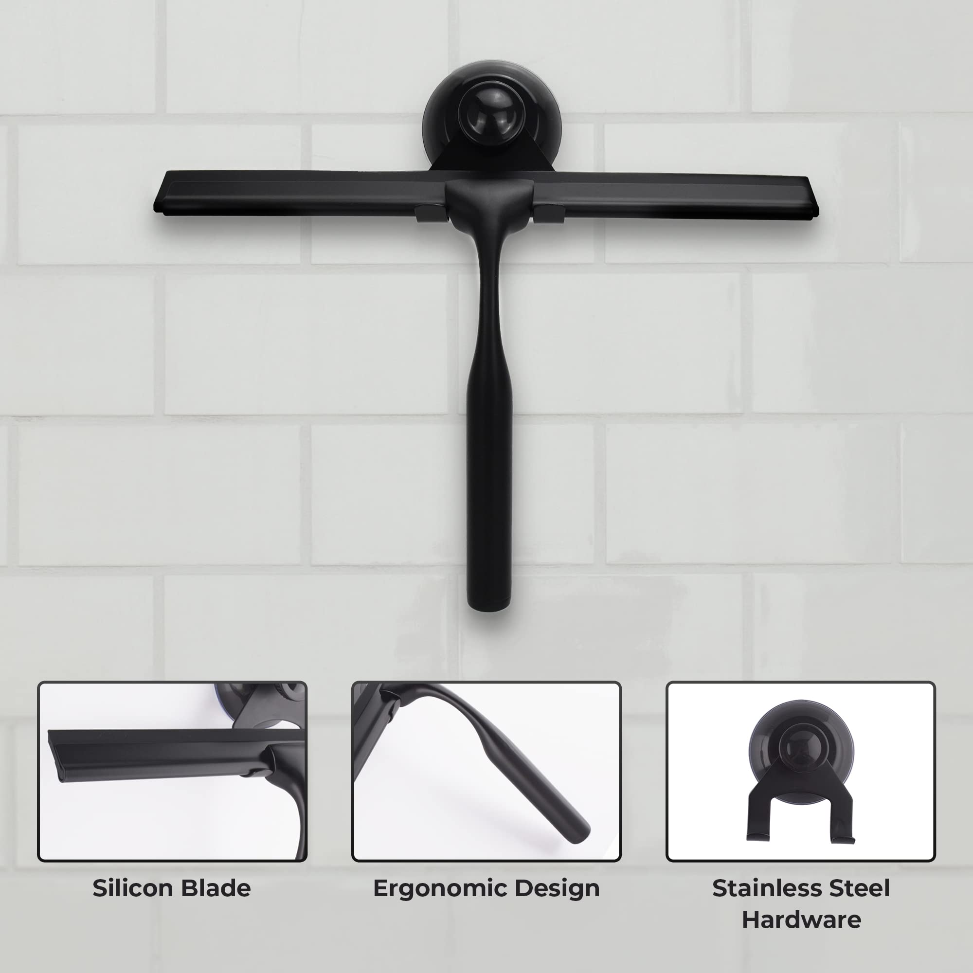 Matte Black Shower Squeegee for Glass Doors with Adhesive Hooks, Squeegee for Shower Glass, Cleaner Tool for Bathroom Household Window Mirror Tile