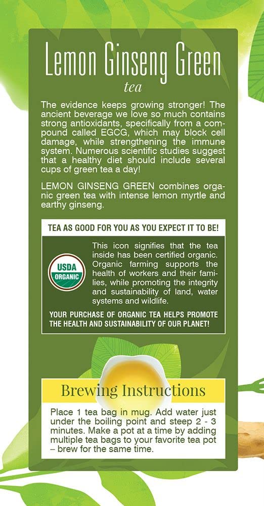 Davidson's Organics, Lemon Ginseng Green, 25-count Tea Bags, Pack of 6